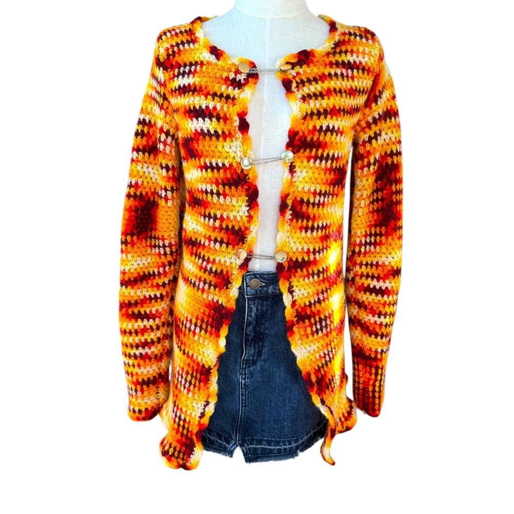 Vintage 70s Crochet Cardigan Sweater Handmade Retro Boho Grannycore Fall Knit - Picture 1 of 8